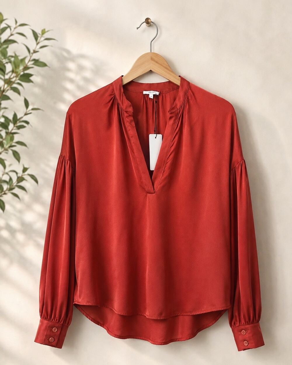 Iris & Ink Satin Blouse Burnt Orange Long Sleeve NWT